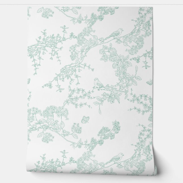 Green Chinoiserie Toile Jouy Birds Blumengarten Tapete (Abrollen)