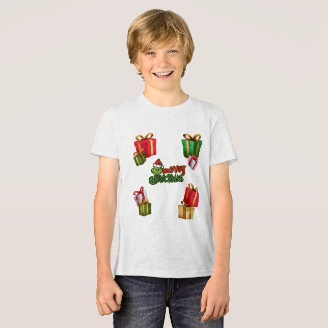 Green Christmas Creature with Gift Boxes Tri-Blend Shirt (Vorderseite voll)