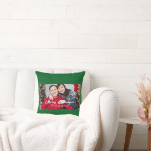 Green Christmas Frame Couple Foto Name Kissen
