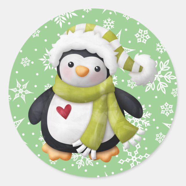 Green Christmas Penguin Round Sticker (Vorderseite)