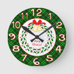 Green Christmas Plaid Wreath Pick Your Color Runde Wanduhr
