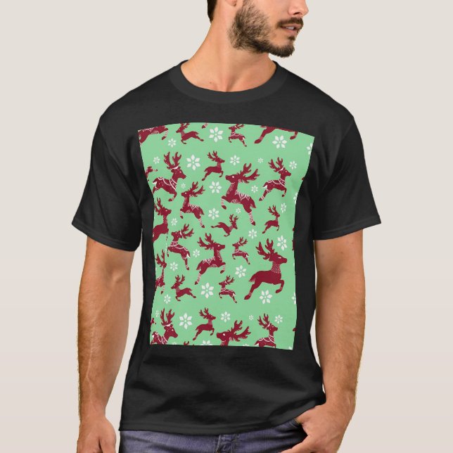 Green Christmas Reindeer Pattern T-Shirt (Vorderseite)