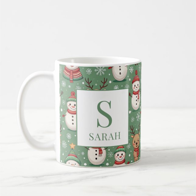 Green Christmas Snowman & Reindeer Monogram Name Kaffeetasse (Links)