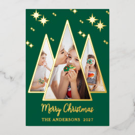 Green Christmas Tree Bold Gold Holiday Photo Card Folien Feiertagskarte