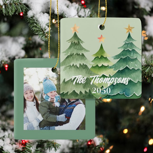 Green Christmas Tree Photo Holiday Custom Keramikornament (Christmas tree holiday custom photo ornaments. )