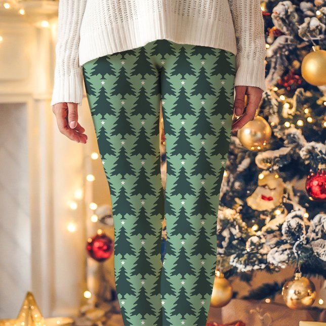 Green Christmas Tree Star Pattern Urlaub Leggings (Von Creator hochgeladen)