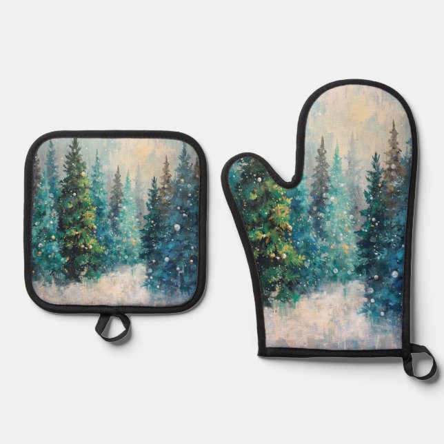Green Christmas Trees Winter Forest Ofenhandschuh & Topflappen-Set (Vorderseite)