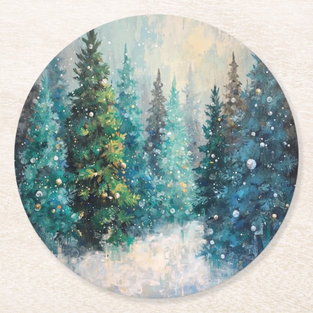 Green Christmas Trees Winter Forest Runder Pappuntersetzer (Vorderseite)