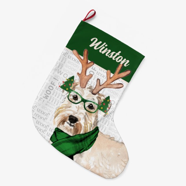 Green Christmas Wheaten Terrier mit dem Namen des  Großer Weihnachtsstrumpf (Vorderansicht (hängend))