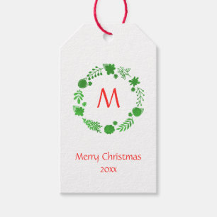 Green Christmas Wreath Red Monogram Geschenkanhänger