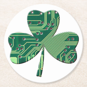 Green Circuit Board St Patrick Day Kleeblatt Runder Pappuntersetzer