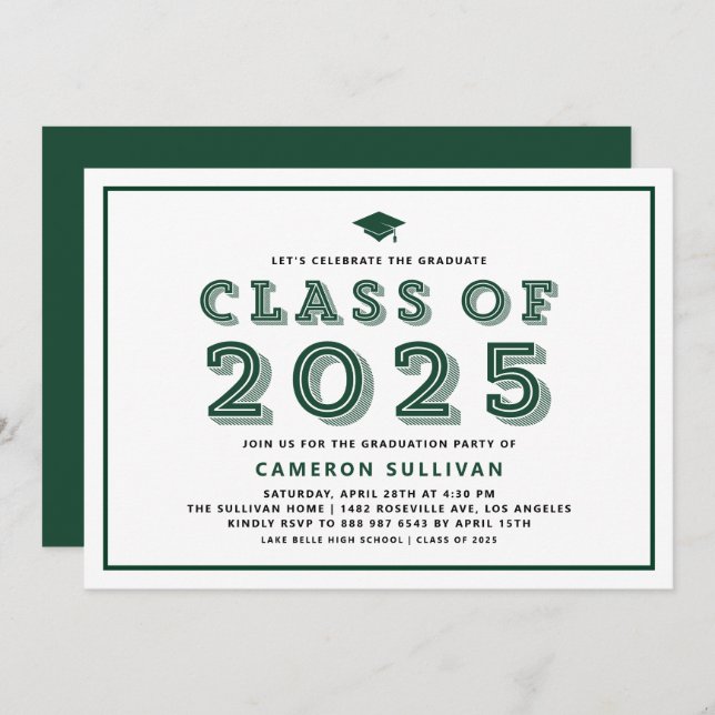 Green Class of 2025 Cap Retro Abschluss Einladung (Vorne/Hinten)