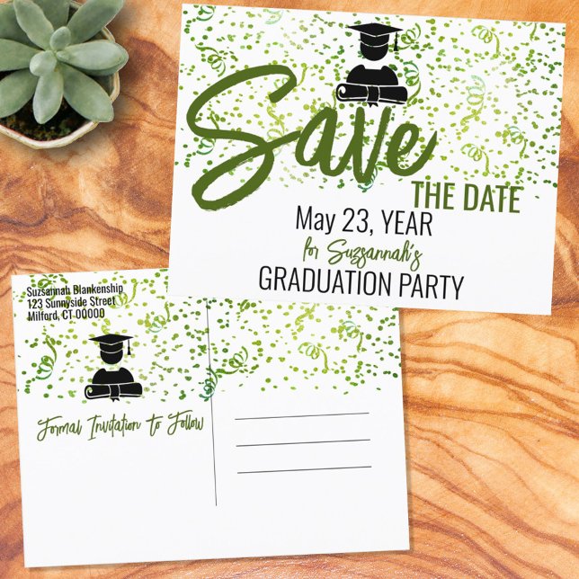 Green Confetti Graduation Party Save the Date Ankündigungspostkarte (Von Creator hochgeladen)