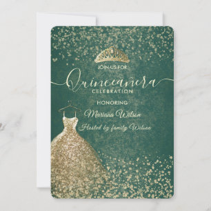 Green cool Gold Sequenzen kleiden tiara Quinceañer Einladung