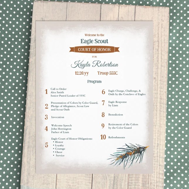 Green, Copper Pine Needles Eagle Court of Honor Flyer (teal green copper eagle scout court of honor program flyer, event ceremony program, pine needles)