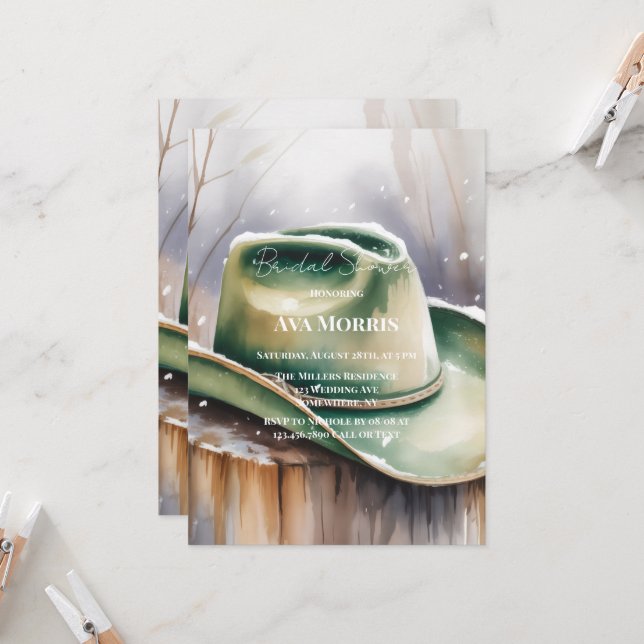 Green Cowboy Hat in Snow Bridal Shower Einladung (Vorderseite/Rückseite Beispiel)