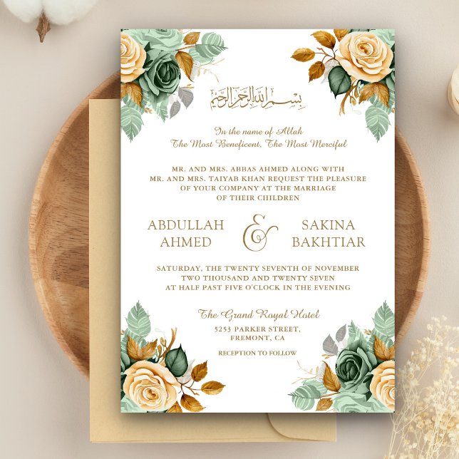 Green Cream Floral Gold QR Code Muslime Hochzeit Einladung (Von Creator hochgeladen)