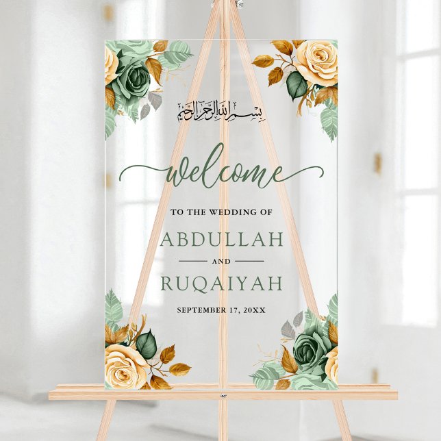 Green Cream Floral Muslim Wedding Welcome Acrylschild (Von Creator hochgeladen)