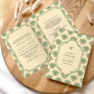 Green Cream Ikat Damask All in one Sikh Wedding Einladung