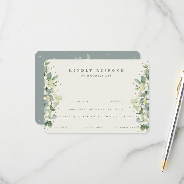 Green/Cream Snowberry+Eucalyptus Edged Wedding RSVP Karte (Vorderseite/Rückseite Beispiel)