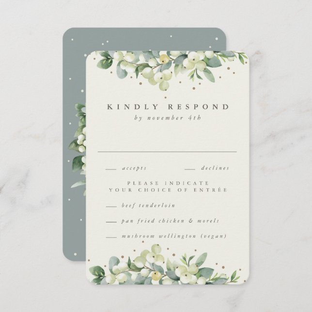 Green/Cream Snowberry+Eucalyptus Edged Wedding RSVP Karte (Vorne/Hinten)