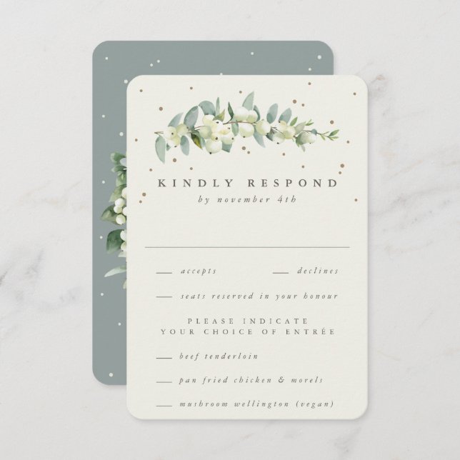 Green/Cream Snowberry+Eucalyptus Stem Wedding RSVP Karte (Vorne/Hinten)