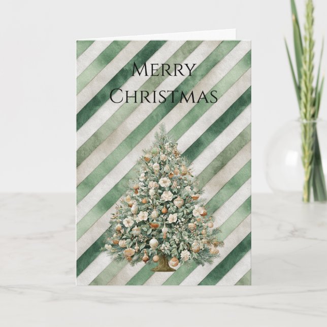 Green Cream Stripes Christmas Tree Karte (Vorderseite)