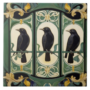 Green Crow Birds Art Nouveau Art Deco Black Bird Fliese