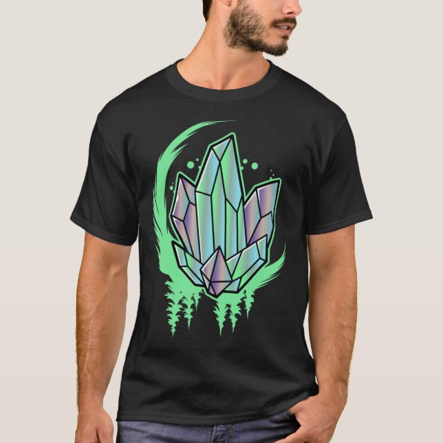 Green Crystal Gemstone Crescent Moon Trees Aesthet T-Shirt (Vorderseite)