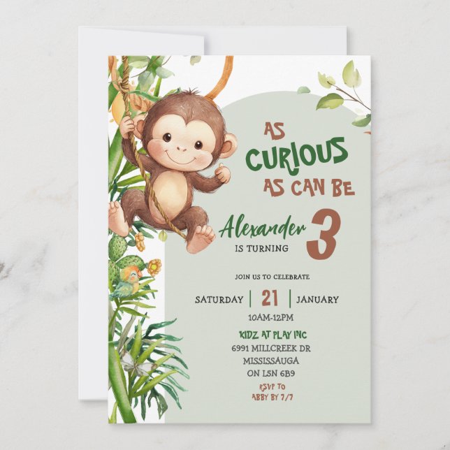 Green Curious Monkey Savannah Theme Birthday Einladung (Vorderseite)