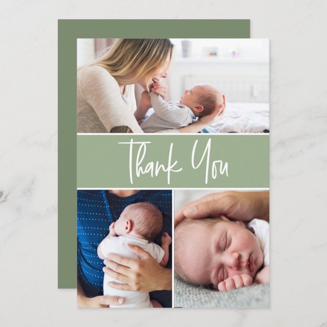 Green Custom 3 Baby Fotos Handschrift Dankeskarte (Vorne/Hinten)