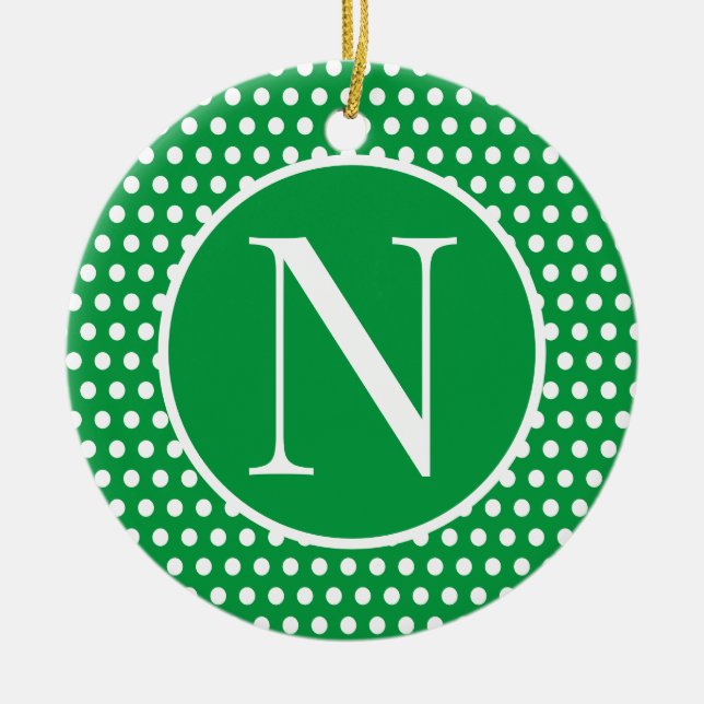 Green Custom Anfangsbuchstabe Polka Dot Keramik Ornament (Vorne)