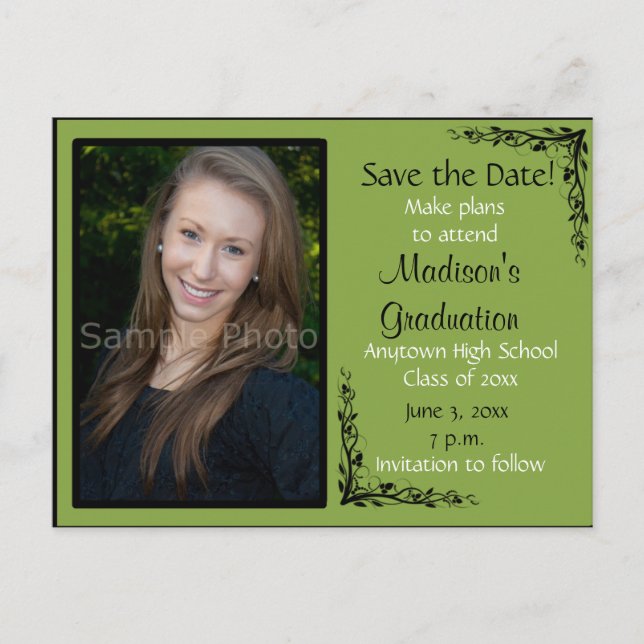 Green Custom Foto Abschluss Save the Date Card Postkarte (Vorderseite)