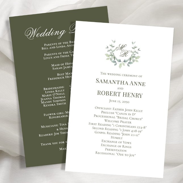 Green Custom Monogram Wedding Program (Olive green elegant laurel leaf motif wedding program. )