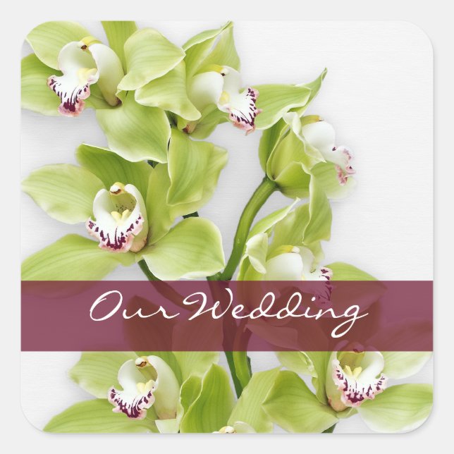 Green Cymbidium Orchid Wedding Square Stickers (Vorderseite)