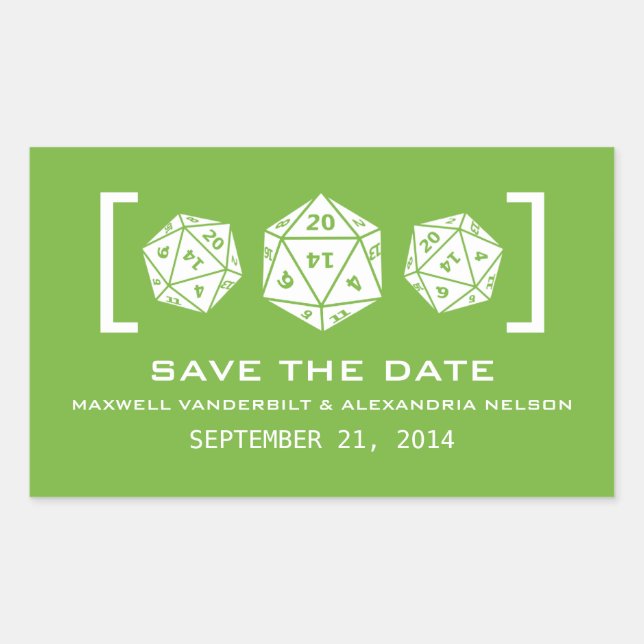 Green D20 Dice Gamer Save the Date Stickers (Vorderseite)