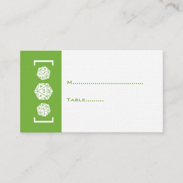 Green D20 Dice Gamer Wedding Platzkarte (Vorderseite)