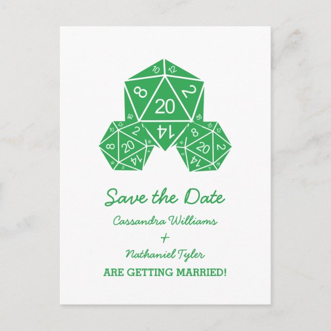 Green D20 Dice Save the Date Postkarte (Vorderseite)