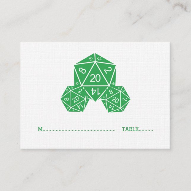 Green D20 Dice Wedding Platzkarte (Vorderseite)