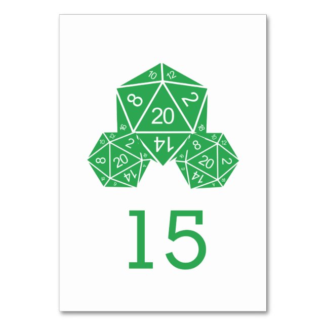 Green D20 Dice Wedding Table Card Tischnummer (Vorderseite)