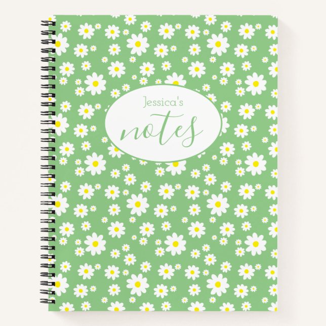 Green Daisy Floral Pattern Custom Name Notizbuch (Vorderseite)