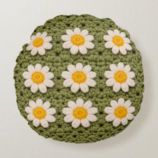 Green Daisy Granny Square Crochet Pattern Floral Rundes Kissen