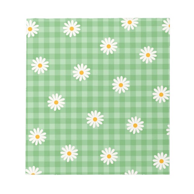 Green Daisy Kariert Gingham Karo Blume Pattern Notizblock (Vorderseite)