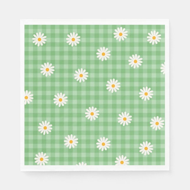Green Daisy Kariert Gingham Karo Blume Pattern Serviette (Vorderseite)