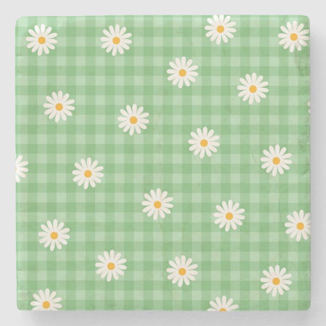 Green Daisy Kariert Gingham Karo Blume Pattern Steinuntersetzer (Vorderseite)