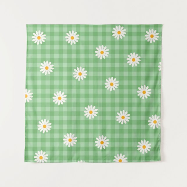 Green Daisy Kariert Gingham Karo Blume Pattern Wandteppich (Vorderseite)