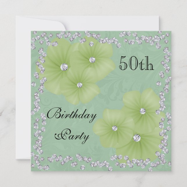 Green Damask & Blume 50. Geburtstag Einladung (Vorderseite)
