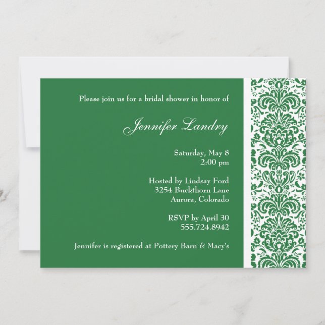 Green Damask Bridal Dusche Einladung (Vorderseite)