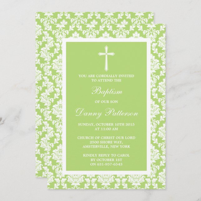 Green Damask Cross Taufen oder Christening Einladung (Vorne/Hinten)