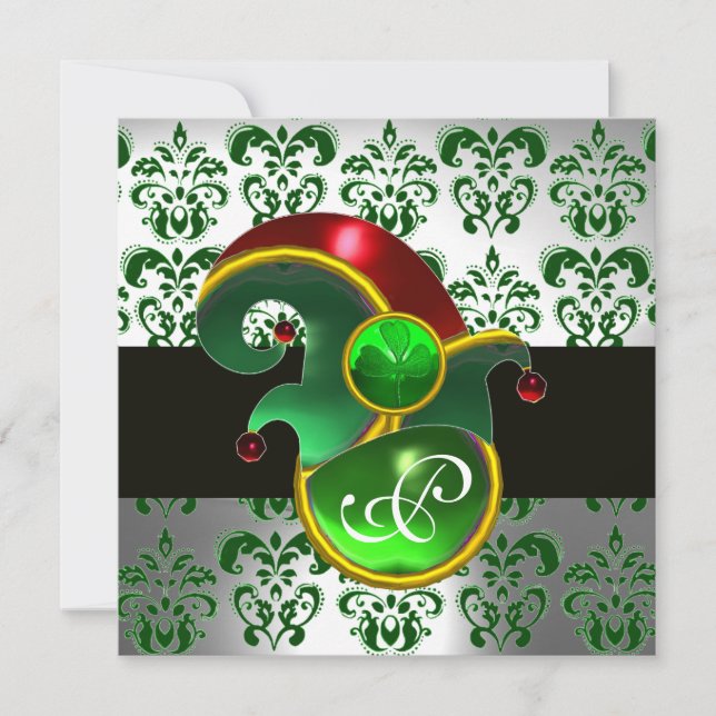 GREEN DAMASK ,ELF HAT ST.PATRICK'S PARTY MONOGRAM EINLADUNG (Vorderseite)